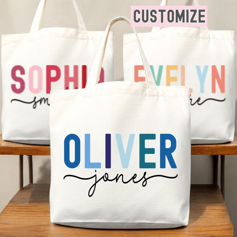 Personalized canvas tote bag with custom name printed in large letters, three white totes shown with example names and customize banner