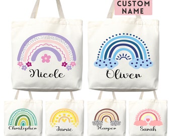 Personalized Name Tote Bag Rainbow School Tote Gift Custom Name Tote Bag Library Teacher Bag Customized Name Gift For Her Kids School Bag