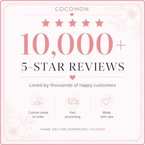 May include: A pink and white graphic with the text "COCOMON" at the top. The image highlights "10,000+ 5-STAR REVIEWS" with icons for custom orders, fast processing, and care. The text "Loved by thousands of happy customers" is also included.
