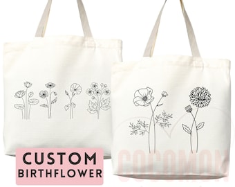 Personalized Birth Month Flower Tote Bag Gift Custom Floral Bag Custom Tote Shopper Aesthetic Bag Flower Gift for Her Custom Gift for Mom