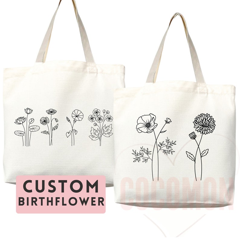 Personalized Birth Month Flower Tote Bag Gift Custom Floral Bag Custom Tote Shopper Aesthetic Bag Flower Gift for Her Custom Gift for Mom image 1