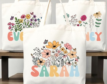 Floral Personalized Tote Bag with Custom Name | Flower Canvas Tote Gift for Women