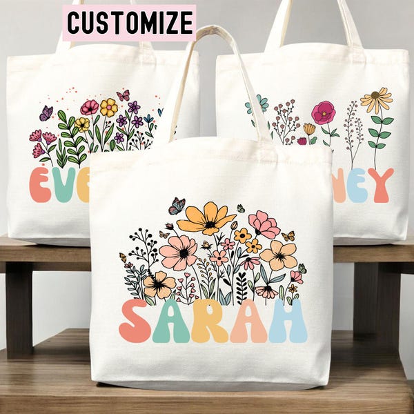 Floral Personalized Tote Bag with Custom Name | Flower Canvas Tote Gift for Women