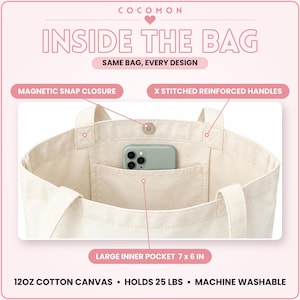 May include: A cream-colored cotton canvas tote bag featuring a magnetic snap closure, X-stitched reinforced handles, and a large 7 x 6 inch inner pocket. The bag is made of 12oz cotton canvas, holds 25 lbs, and is machine washable. Text reads COCOMON.