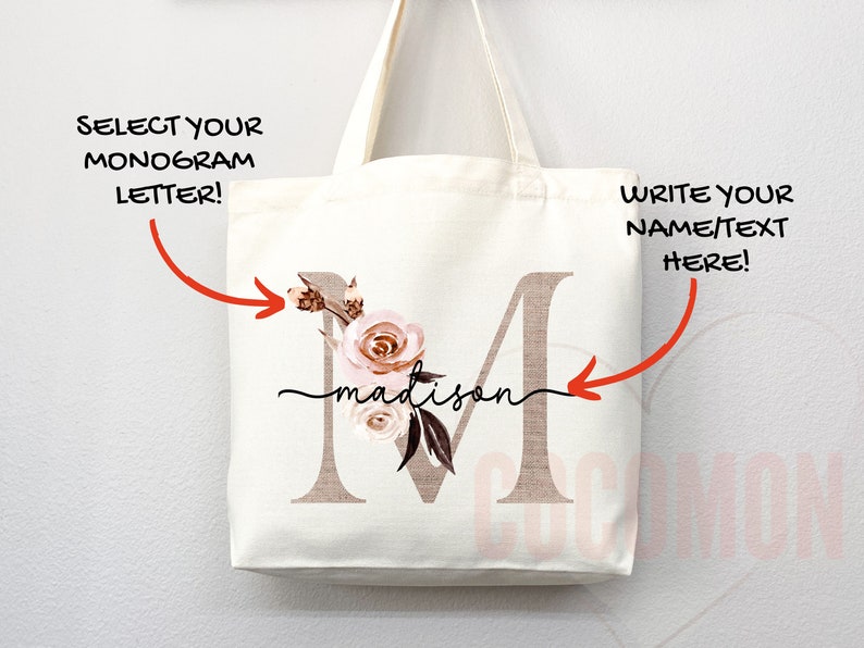 Custom Monogram Name Tote Bag Personalized Tote Bag Bridesmaid Gifts Bridal Party Custom Tote Bach Party Gift Customized Name Gift For Her image 2