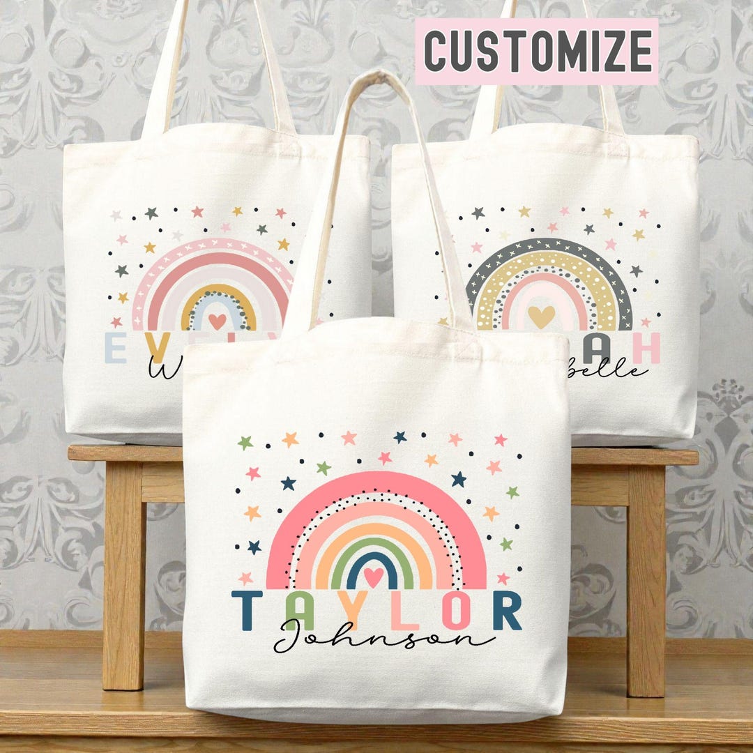 Personalized Name Tote Bag Rainbow School Tote Gift Custom Name Tote ...