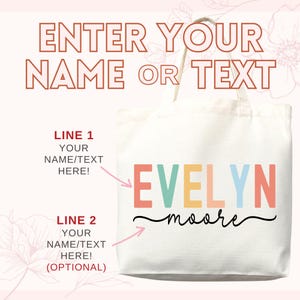 May include: A white tote bag with the name "EVELYN" in colorful block letters and "moore" in a black script font. The text "ENTER YOUR NAME OR TEXT" is at the top. Instructions for personalization are also included.