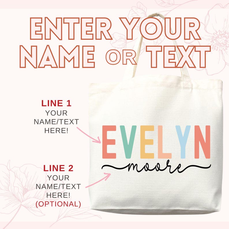 May include: A white tote bag with the name "EVELYN" in colorful block letters and "moore" in a black script font. The text "ENTER YOUR NAME OR TEXT" is at the top. Instructions for personalization are also included.