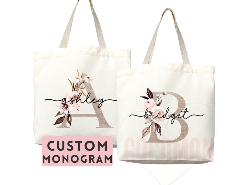 Custom Monogram Name Tote Bag Personalized Tote Bag Bridesmaid Gifts Bridal Party Custom Tote Bach Party Gift Customized Name Gift For Her image 1