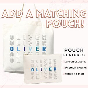May include: A white canvas tote bag and matching pouch, both personalized with the name "OLIVER" in a blue and black font. The pouch features a zipper closure and is made of premium canvas, measuring 9 inches by 5 inches.