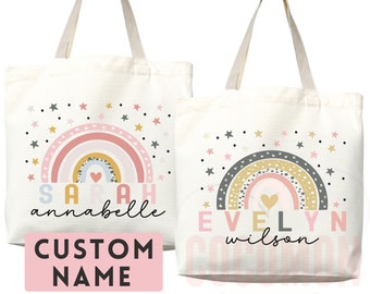 Personalized Name Tote Bag Rainbow School Tote Gift Custom Name Tote Bag Library Teacher Bag Customized Name Gift For Her Kids School Bag