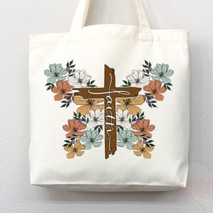 Faith Cross Floral Canvas Tote Bag - Christian Gift