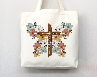 Faith Cross Floral Canvas Tote Bag - Christian Gift