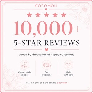 May include: A pink and white graphic with the text "COCOMON" at the top. The image highlights "10,000+ 5-STAR REVIEWS" and includes icons for custom orders, fast processing, and care. The text "Loved by thousands of happy customers" is also present.