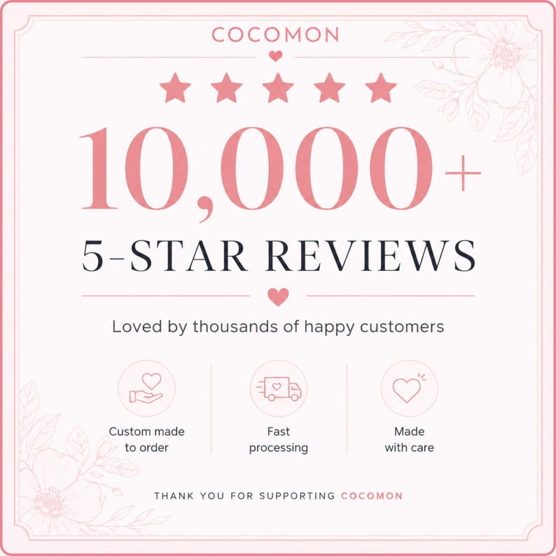May include: A pink and white graphic with the text "COCOMON" at the top. The image highlights "10,000+ 5-STAR REVIEWS" and includes icons for custom orders, fast processing, and care. The text "Loved by thousands of happy customers" is also present.