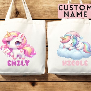 Sac fourre-tout personnalisé avec prénom, cadeau licorne Sac fourre-tout personnalisé avec prénom, sac de bibliothèque avec prénom personnalisé, cadeau prénom personnalisé pour elle, sac pour enfants, cartable pour enfants