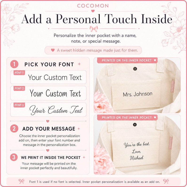 May include: Promotional image for personalized tote bags. The image shows how to add a custom message inside the inner pocket of a tote bag. The text includes "Add a Personal Touch Inside" and "Your Custom Text".