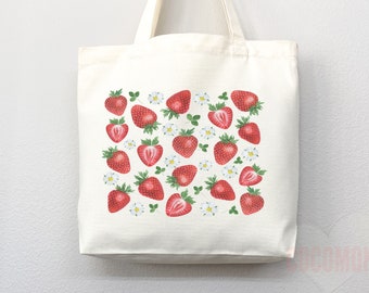 Strawberry Tote Bag Strawberry Lover Gift Spring Tote Shopper Summer Bag Eco Friendly Bag Reusable Grocery Tote Cute Tote Farmers Market Bag