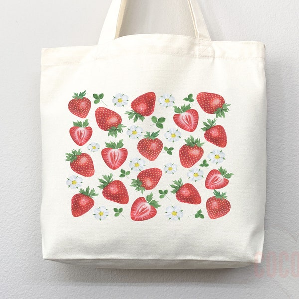 Sac fourre-tout aux fraises, cadeau pour les amateurs de fraises, sac cabas printanier, sac d'été, sac écologique, fourre-tout d'épicerie réutilisable, sac mignon pour marché de producteurs