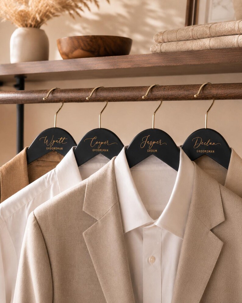 Groomsmen Custom Suit Hanger, Personalized Engraved Wooden Tuxedo Hangers Set image 11