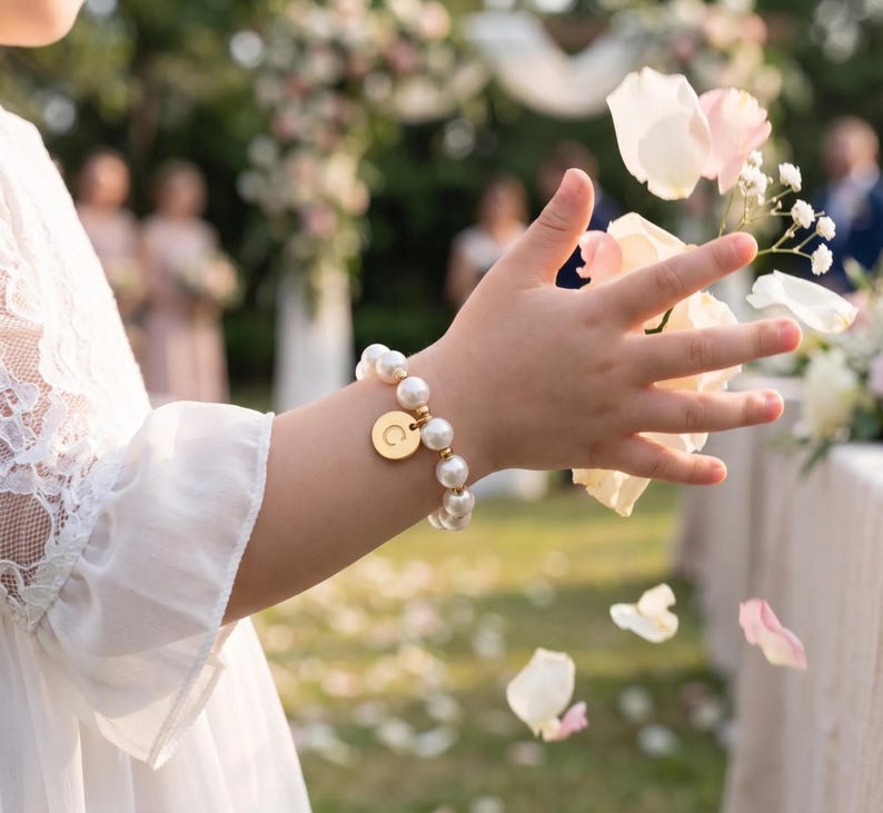 A person's hand holding a bouquet of white and pink flowers, with petals falling around them, in a garden setting with other people in the background.