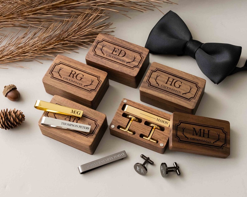 Personalized Cufflinks & Tie Clip Set Groomsmen Gifts Engraved Cuff Links Valentines Day Gift for Him Anniversary Gift for Husband image 4