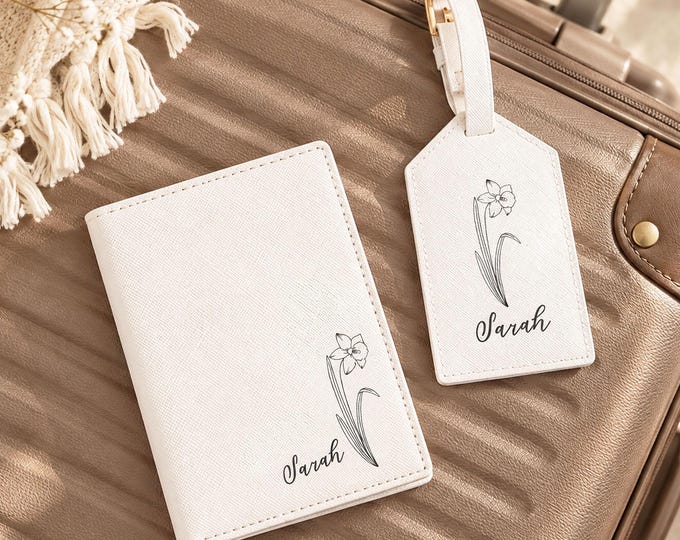 Bridesmaid Proposal Faux Leather Passport Cover: Birth Flower Luggage Tag Set