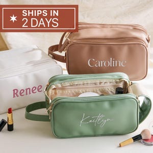 Trousse de maquillage personnalisée, trousse de toilette en cuir brodée, trousse à cosmétiques personnalisée, cadeau de fête des mères pour elle, cadeaux de demoiselle d'honneur <W>