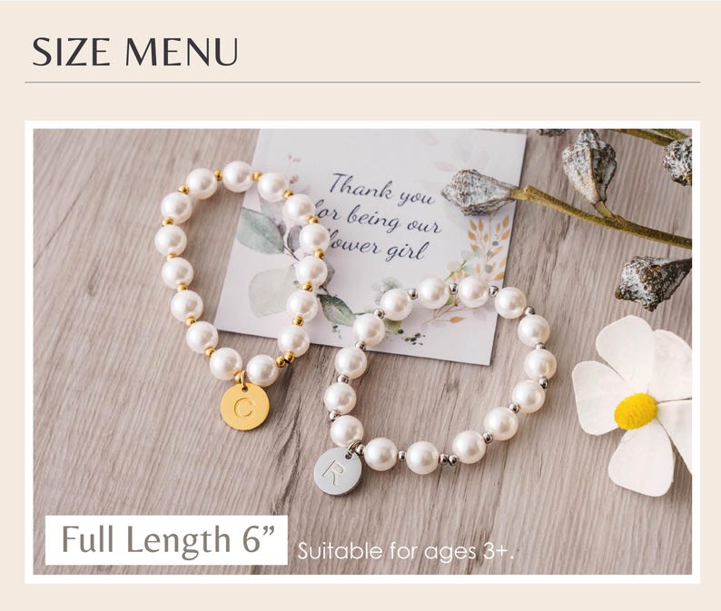 a full-length 6-inch bracelet made of white pearls, accompanied by a personalized message and a small flower.