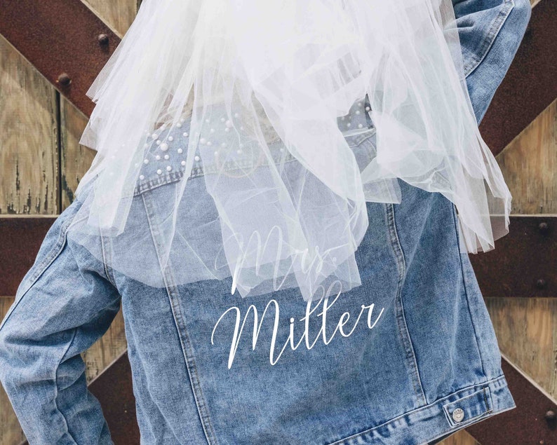 Mrs Pearl Denim Jacket Bride Jean Jacket Personalized Honeymoon Gift Engagement Gift for Bride to Be Wedding Party Jean Jacket image 5