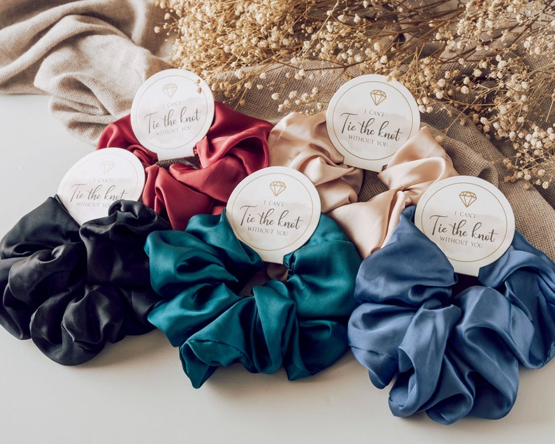 Bridesmaid Satin Scrunchies Bridesmaid Gifts Diamond Tag Hair Scrunchies Bachelorette Party Green Bridesmaid Silk Scrunchies image 6