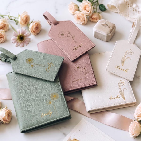Funda de pasaporte de piel sintética para propuesta de dama de honor: juego de etiquetas para equipaje con diseño de flor de nacimiento