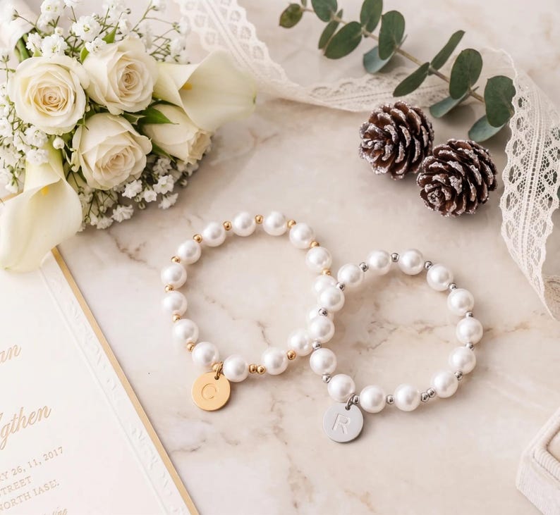 a bouquet of white roses, two pearl bracelets, pine cones, and a wedding invitation on a marble surface.