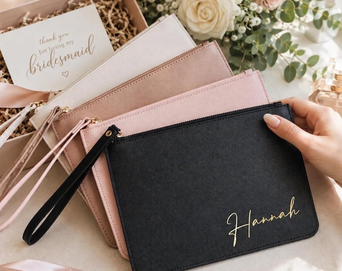 Bridesmaid Proposal Personalized Saffiano Leather Clutch: Custom Gold Script Name Wristlet Bag [R]