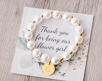 Flower Girl Faux Pearl Bracelet, Custom Initial Charm