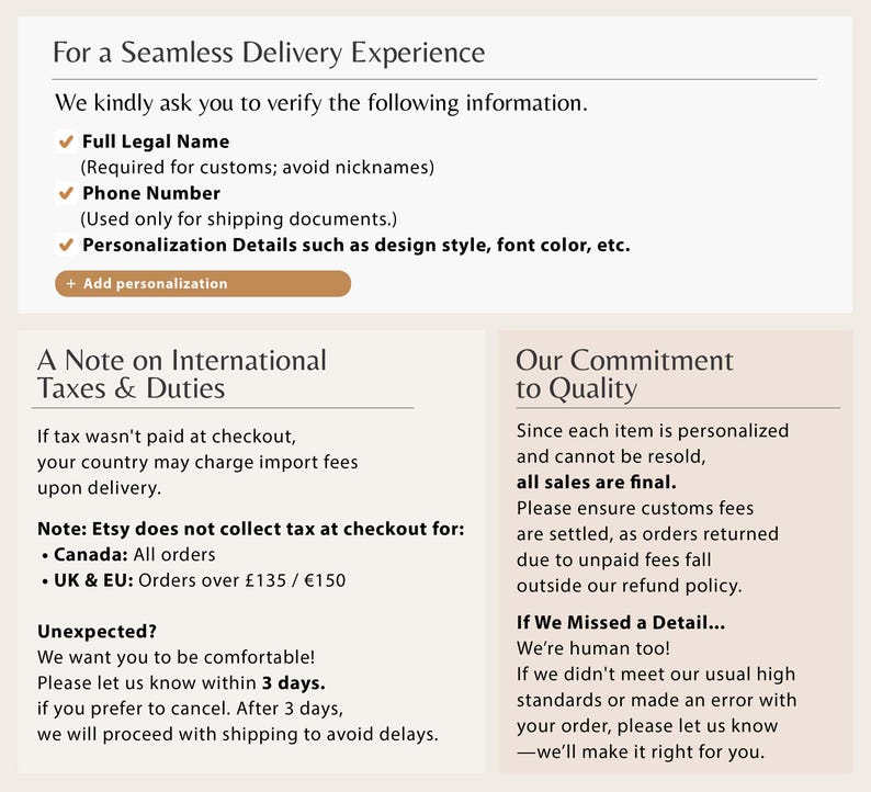 text that provides information about a seamless delivery experience, including instructions for customers to verify their personal information and a note about international taxes and duties.