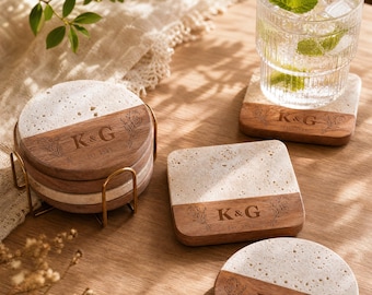 Custom Coasters Set, Personalized Wedding Gift, Marble and Wood Coaster, Engagement, Housewarming Gifts