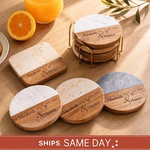Wedding Gift, Coaster Set Personalized, Engraved Marble Wood Coasters, Anniversary Gift for Couple