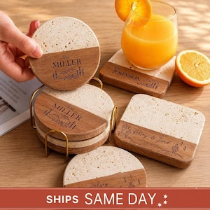 May include: A set of round and square coasters made of light beige porous stone and dark brown wood. The wood sections feature laser-engraved text including The Miller, The Johnson, and Kelsey & Jared, alongside mountain and cactus illustrations.