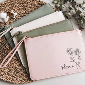 Personalized Clutch | Birth Flower Clutch | Custom Gift for Women | Makeup Bag for Her | Bridesmaid Gifts | Bridal Party Gifts