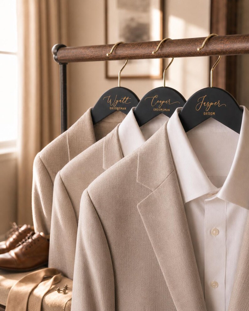 Groomsmen Custom Suit Hanger, Personalized Engraved Wooden Tuxedo Hangers Set image 9