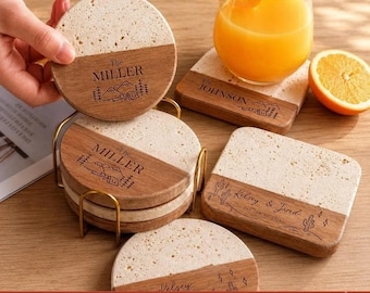 Juego de posavasos personalizados de mármol y madera, regalo con nombre familiar, boda, compromiso, inauguración de casa.