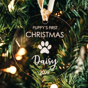 Personalized Dog Acrylic Ornament, First Christmas Acrylic Name Ornament, Customized Puppy Ornament, Pet Holiday Ornament