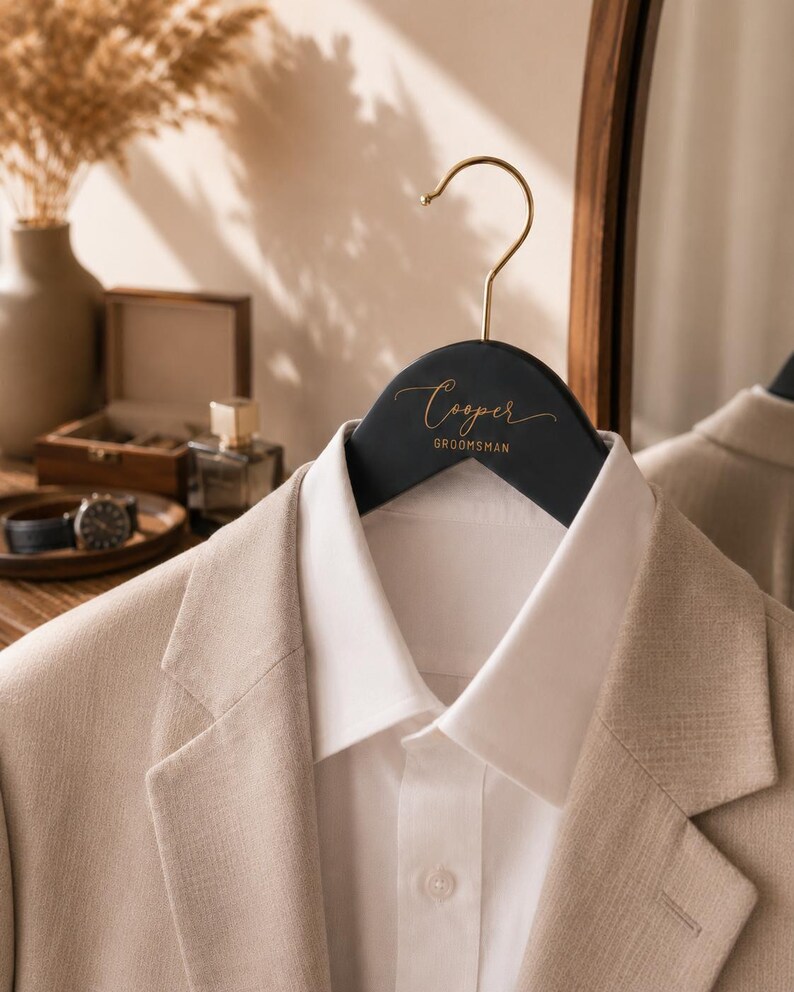 Groomsmen Custom Suit Hanger, Personalized Engraved Wooden Tuxedo Hangers Set image 6