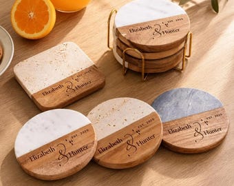 Regalo di nozze, set di sottobicchieri personalizzati, sottobicchieri in marmo e legno incisi, regalo di anniversario per la coppia
