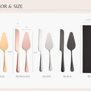 a collection of various sizes and colors of cake and knife utensils, including gold, rosegold, silver, black, and a black box.