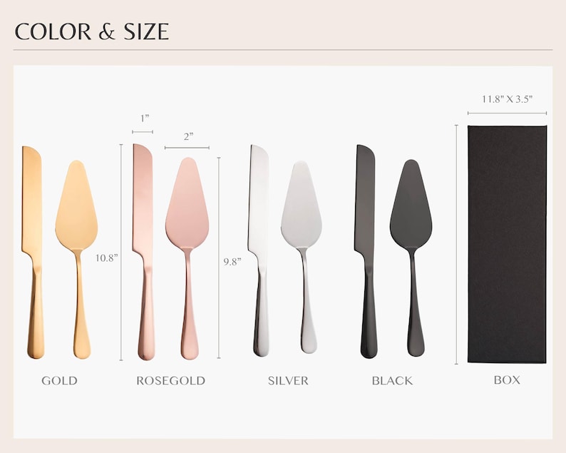 a collection of various sizes and colors of cake and knife utensils, including gold, rosegold, silver, black, and a black box.