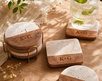 Custom Coaster Set for Wedding Gift, Marble and Wood Coasters for Engagement or Housewarming