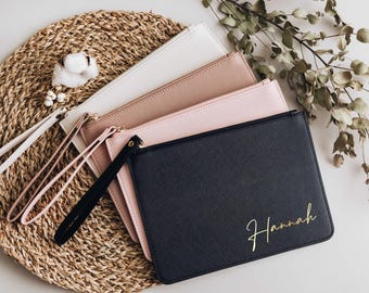 Bridesmaid Proposal Personalized Saffiano Leather Clutch: Custom Gold Script Name Wristlet Bag [R]