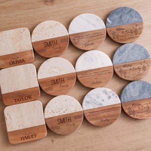 Custom Wedding Gift for Couple, Personalized Marble Wood Coaster, Bridal Shower Gift, Newlywed Home Decor